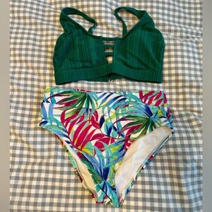 Multicolor Palm Print Bikini Bottoms with Green Bikini Top